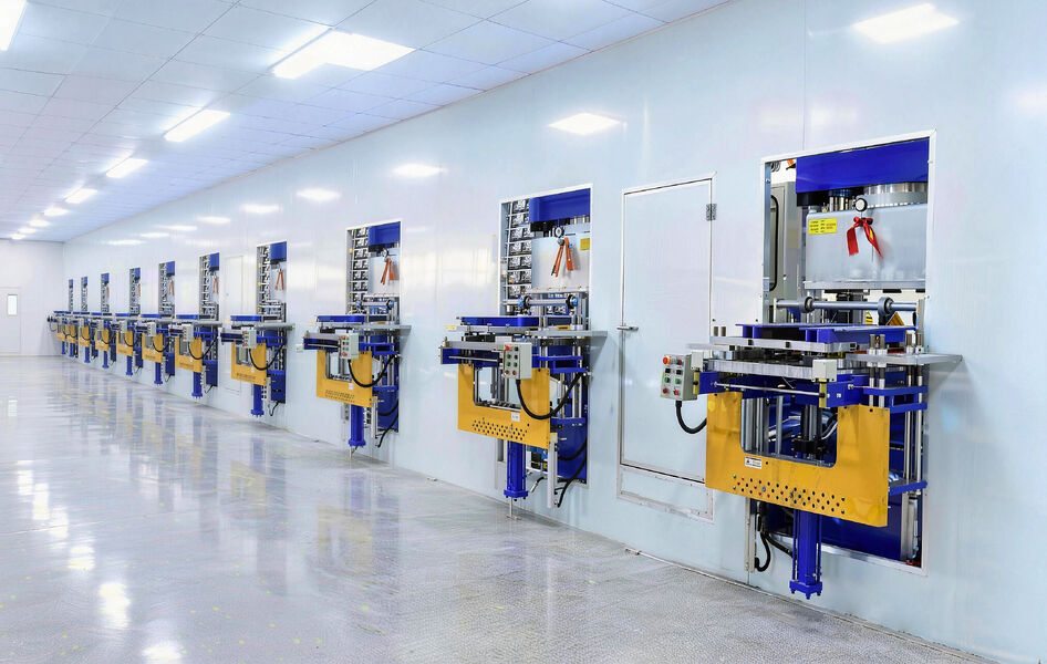 A hall of moulding presses in a single row, which is where the silicone, FKM and TPU straps are formed.