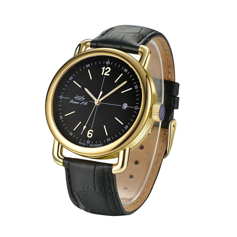 Elegant Black Quartz Watch With Genuine Leather Strap
